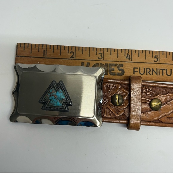 Vtg Southwestern Turquoise Arrowhead Belt Buckle & Hand Tooled Leather Belt 33” - Picture 6 of 6